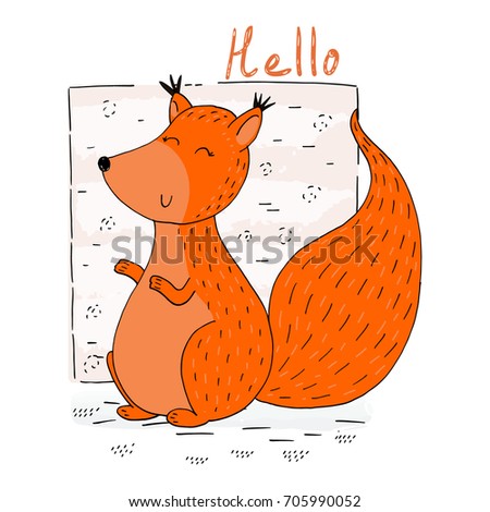 Hand drawn vector illustration with Cute vector squirrel