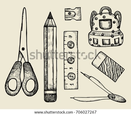School supplies. stationery goods vector. hand drawing