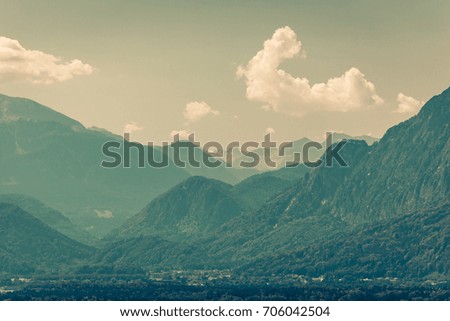 View of Austrian Alps near Salzburg. Mountains landscape. Filtered image
