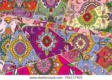 Vector patchwork quilt pattern. Vintage decorative elements. Hand drawn background. Indian, Arabic, Turkish motifs for printing on fabric or paper. Abstract colorful doodle pattern in mosaic style
