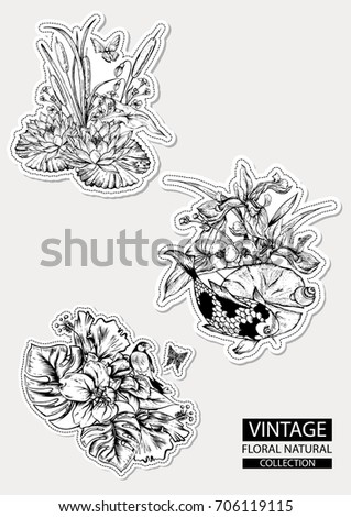Floral outline coloring vector vintage collections. Natural set of black and white flowers, butterfly