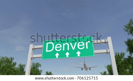 Airplane arriving to Denver airport. Travelling to United States conceptual 3D rendering