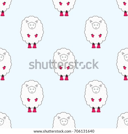 Cute sheep in red boots and mittens seamless pattern