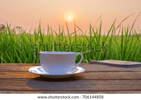 a selective focus picture of a cup of coffee on wooden table with green blurred rice field background 