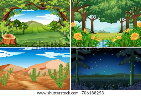 Four scenes of forest and desert illustration