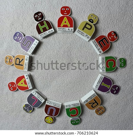 Alphabetical Cartoon's Names S,H,A,P,E,C,I,R,U,L lying down in the circular shape on white background