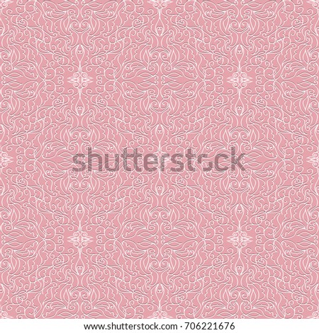 Damask baroque seamless pattern. Pink floral vector background wallpaper illustration with vintage hand drawn white line art tracery flowers, swirl leaves and antique ornaments in Baroque style. 