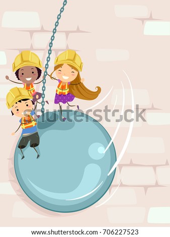 Colorful Background Illustration Featuring Stickman Kids in Reflective Vests Playing on Top of a Wrecking Ball