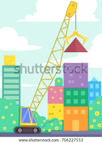 Colorful Illustration Featuring a Tall Crane Lifting a Giant Pyramid Off the Ground