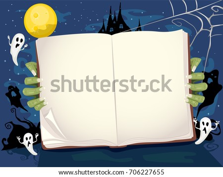 Colorful Background Illustration Featuring a Zombie Holding an Open Book While Ghosts Play Around in the Background