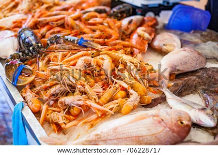 Close up picture of fresh seafood on plate in a fish market
