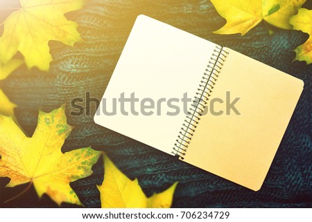 Open notepad and autumn leaves