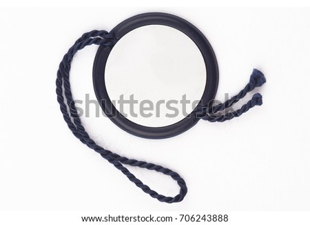 top view of empty blue plastic seal swing tag with fiber thread and copyspace isolated on white background