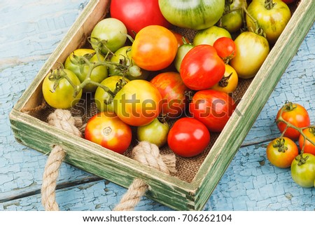 Set of different sorts of ripe tomatoes in the wooden tray, soft focus background