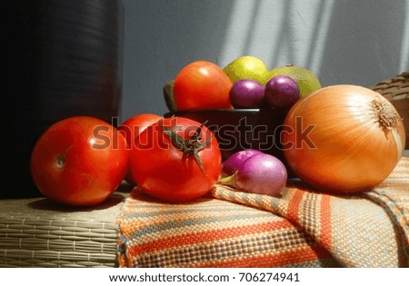Front perspective of group of fresh vegetables with natural light, selective focus with still life picture style