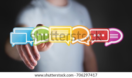 Businessman on blurred background using colorful flat conversation icons 3D rendering