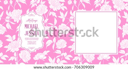 Rustic Wedding Invitation Card Template. White peony flower with text label isolated over pink background.