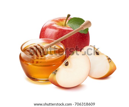 Apples and honey jar for jewish new year holiday isolated on white background Royalty-Free Stock Photo #706318609