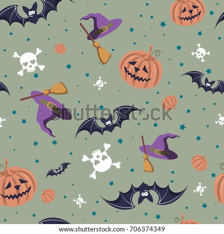 Vector seamless pattern for Halloween. Pumpkin, ghost, bat, candy, and other items on Halloween theme. Bright cartoon pattern for Halloween