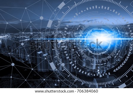 Smart city on blue tone cityscape and network connection information communication technology, abstract cityscape image visual, internet of things concept.