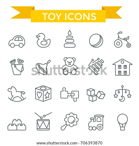 Toys icon set, thin line, flat design Royalty-Free Stock Photo #706393870