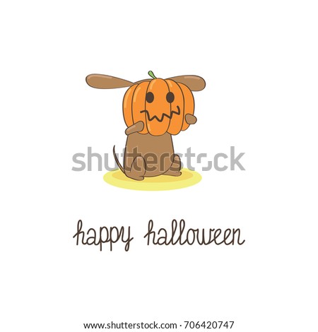 Gift card of dachshund puppy in a pumpkin jack-o-lantern hat and mask, with a Happy Halloween hand-written lettering. Vector illustration.