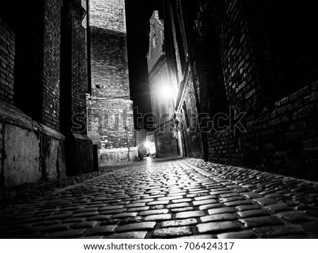 Illuminated cobbled street with light reflections on cobblestones in old historical city by night. Black and white image.