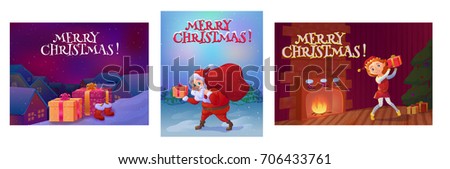 Christmas greeting cards collection with elf girl near fireplace with tree and gifts, santa in the woods and gifts on the roof, cartoon characters set, winter holidays background, vector illustration