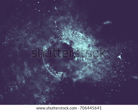 Abstract blue background 3d Illuminated distorted Mesh Sphere with dust sand particles . Elegant Abstract Destroyed Sphere . Big data visualization .