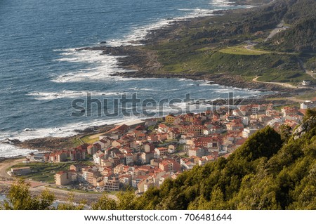 High angle view of coastal town of A Guarda in Galicia, Spain.