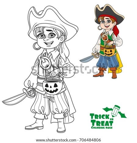 Cute boy in pirate costume with a pumpkin bag for sweets trick or treat color and outlined for coloring page