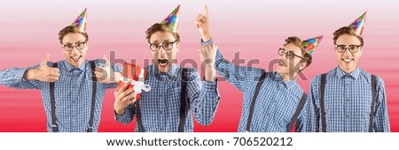 Digital composite of Collage of man celebrating birthday against blurry pink background