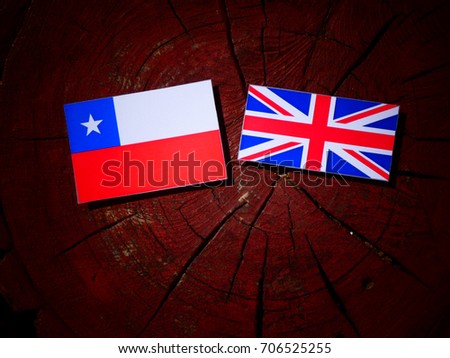 Chilean flag with British flag on a tree stump isolated