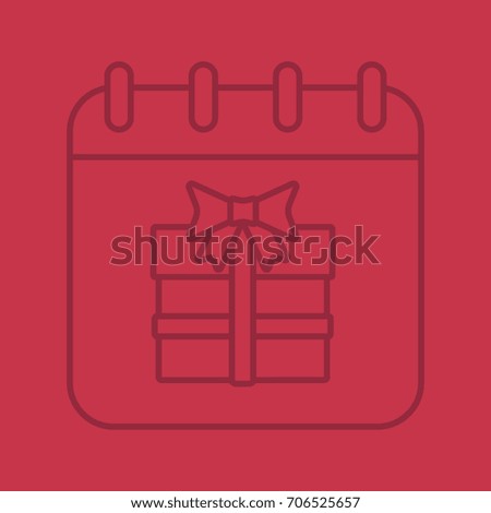 Birthday date linear icon. Calendar page with gift box. Thin line outline symbols on color background. Raster illustration
