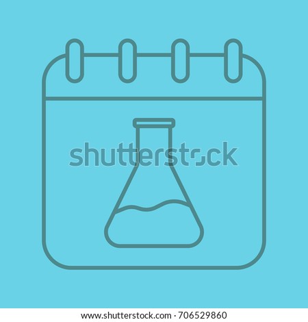Research schedule color linear icon. Calendar page with chemical lab flask. Thin line outline symbols on color background. Raster illustration