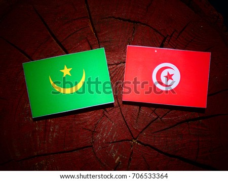 Mauritania flag with Tunisian flag on a tree stump isolated