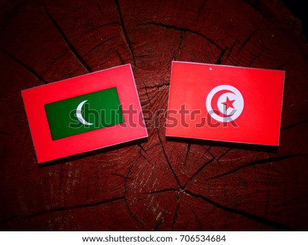 Maldives flag with Tunisian flag on a tree stump isolated