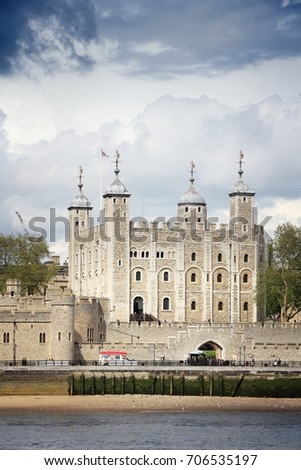 London, UK - river Thames view with Tower of London. UNESCO World Heritage Site.