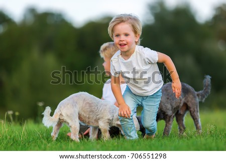 picture of two young boys who are playing with two small dogs outdoors