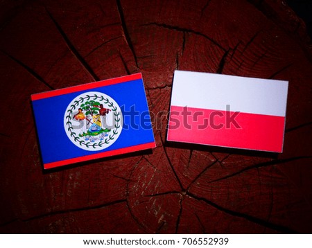 Belize flag with Polish flag on a tree stump isolated