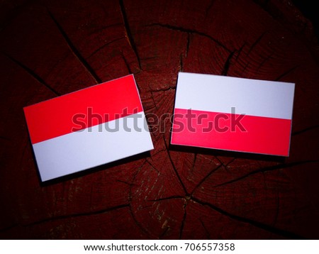Indonesian flag with Polish flag on a tree stump isolated