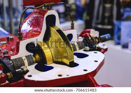 Engine pump water exploded view of firefighting machine hydraulics tool of fire engine. Engine pump water overview or cross section of firefighting truck equipment. Engine water pump for background.