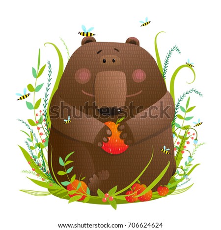 Cute adorable bear having lunch in grass. Vector illustration.