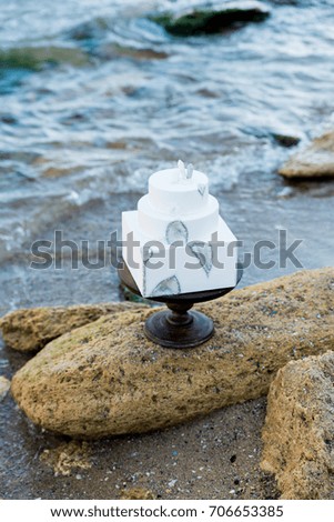 Close up of decorated big wedding cake. Wedding ceremony in sea style. Decorated and stylish wedding at sea shore. Composition on stone, with view at water.