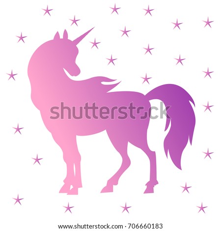 Unicorn silhouette vector illustration. Pink purple magic unicorn with stars on white background. Fairy horse animal. Cute magic cartoon fantasy cute animal.  Dream symbol. Design for children.