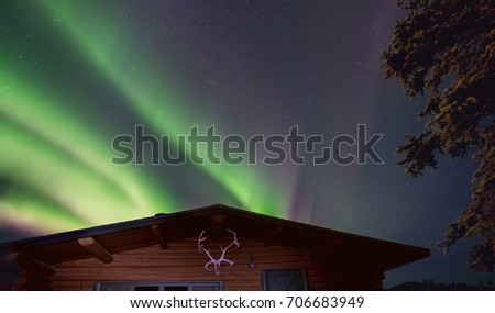 northern lights appear in cloudless, starry night sky over remote lodge in denali national park, alaska