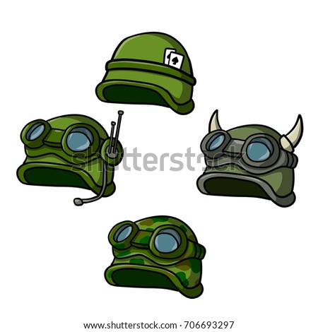 cartoon set of helmets with goggles, horns, and radio
