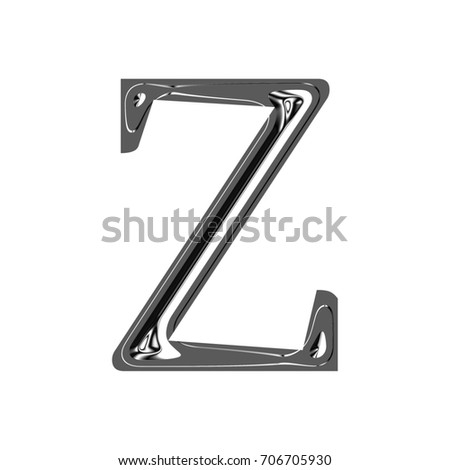 Dark gray shiny chrome uppercase or capital letter Z in a 3D illustration with a glossy silver surface finish and classic font style isolated on a white background 