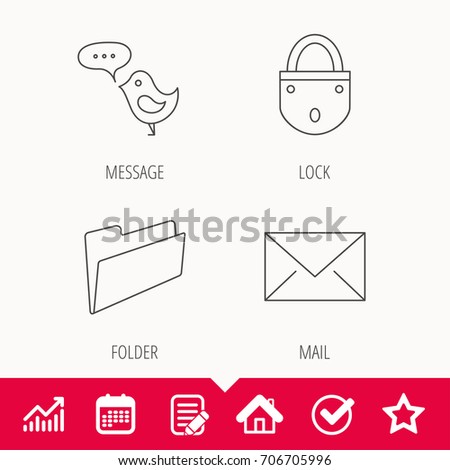 Lock, folder hand and e-mail icons. Bird message linear sign. Edit document, Calendar and Graph chart signs. Star, Check and House web icons. Vector