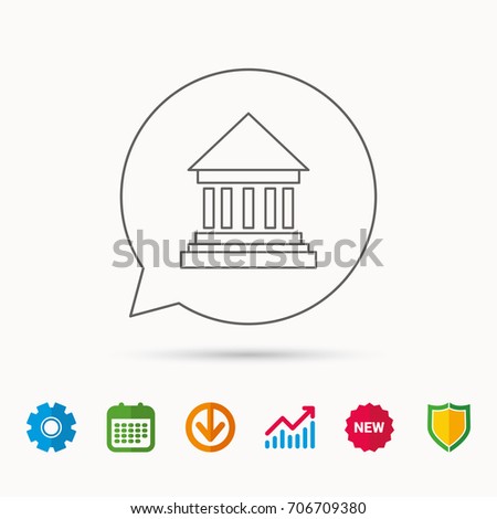 Bank icon. Court house sign. Money investment symbol. Calendar, Graph chart and Cogwheel signs. Download and Shield web icons. Vector